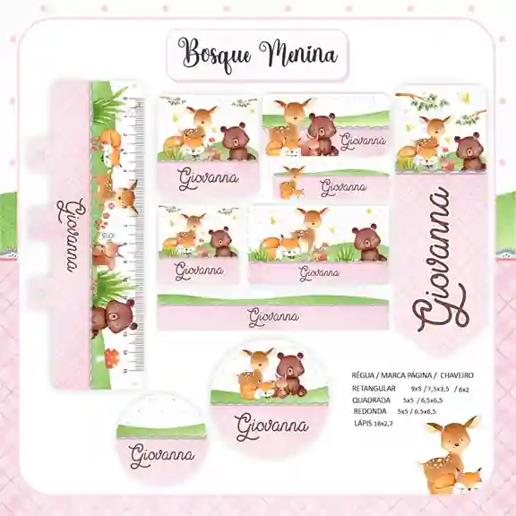 Etiqueta escolar personalizada tema Bosque em adesivo para caderno e lápis para imprimir e editar