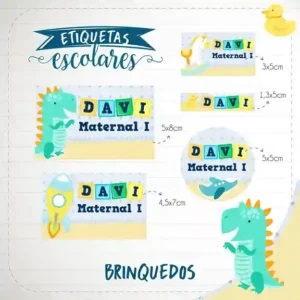 Kit de etiqueta escolar personalizada no tema Brinquedos em alta resolução para cadernos, livros e material escolar.
