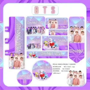 Kit de etiqueta escolar personalizada no tema BTS no formato Studio em alta resolução para cadernos e livros.