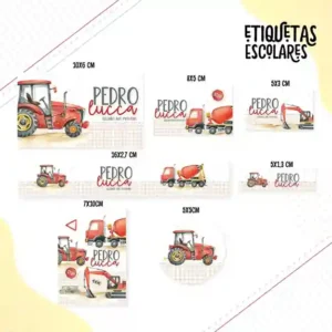 Kit de etiqueta escolar personalizada no tema Construção no formato Studio para cadernos e materiais escolares.