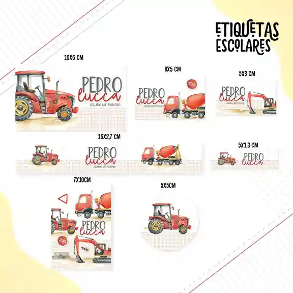 Kit de etiqueta escolar personalizada no tema Construção no formato Studio para cadernos e materiais escolares.