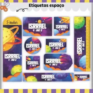 Etiqueta escolar personalizada tema espaço em adesivo para caderno e lápis para imprimir e editar