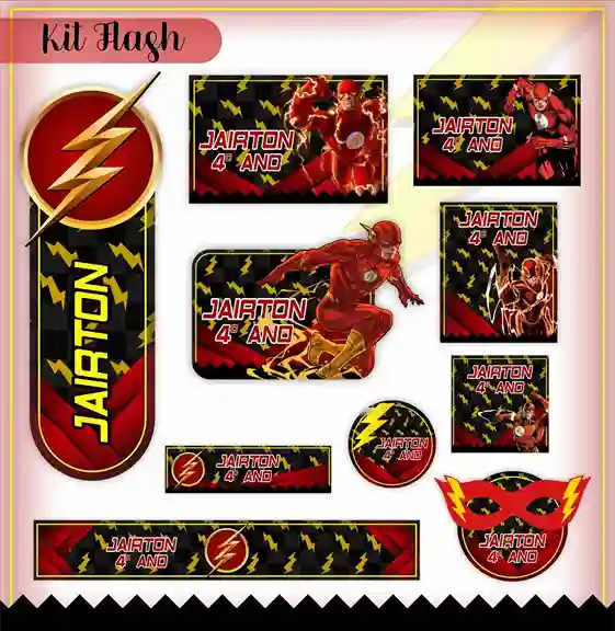 Etiqueta escolar personalizada tema Flash em adesivo para caderno e lápis para imprimir e editar