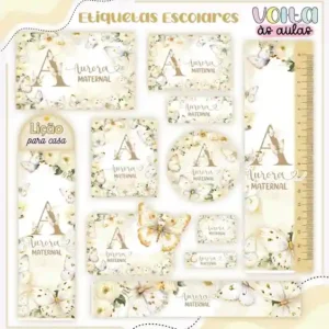 Kit de etiqueta escolar personalizada no tema Flores em alta resolução para cadernos, livros e material escolar.