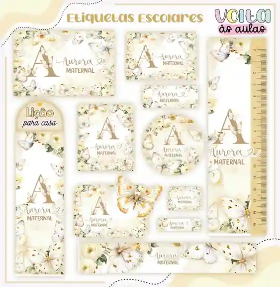 Kit de etiqueta escolar personalizada no tema Flores em alta resolução para cadernos, livros e material escolar.