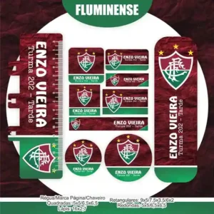Kit de etiqueta escolar personalizada no tema Fluminense no formato Studio em alta resolução para cadernos e livros.
