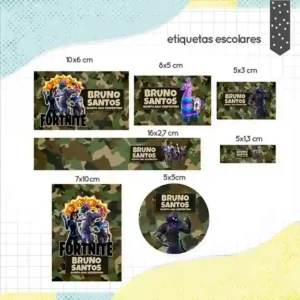Etiqueta escolar personalizada tema Fortnite em adesivo para caderno e lápis para imprimir e editar