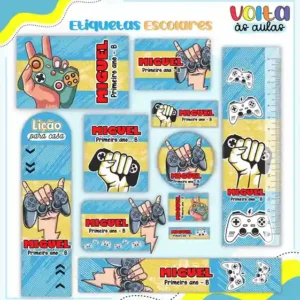 Etiqueta escolar personalizada tema gamer em adesivo para caderno e lápis para imprimir e editar