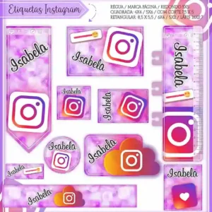 Kit de etiqueta escolar personalizada no tema Instagram no formato Studio em alta resolução para cadernos e livros.