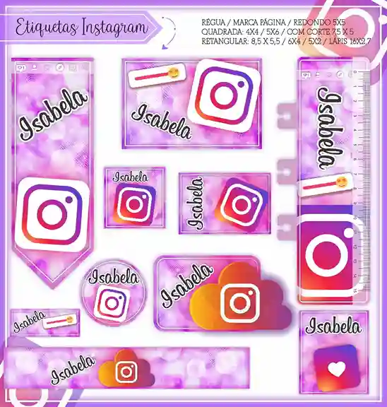 Kit de etiqueta escolar personalizada no tema Instagram no formato Studio em alta resolução para cadernos e livros.