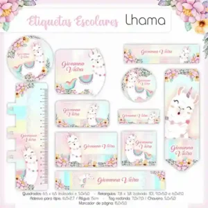 Kit de etiqueta escolar personalizada no tema Lhama no formato Studio em alta resolução para cadernos e materiais.