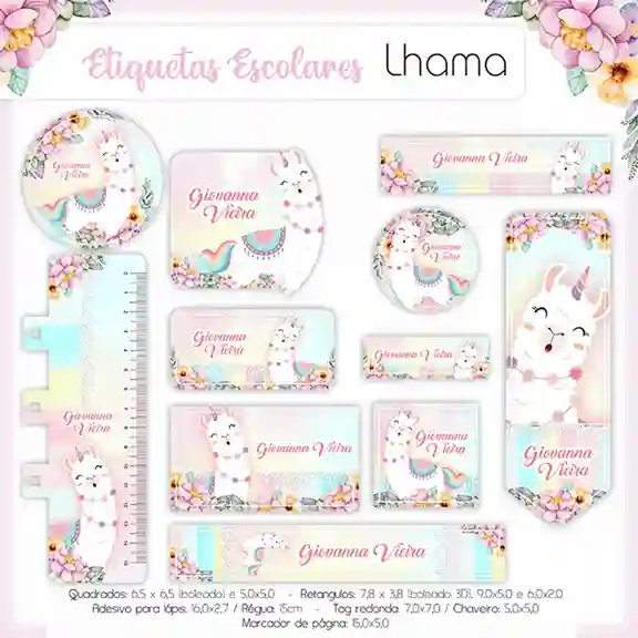 Kit de etiqueta escolar personalizada no tema Lhama no formato Studio em alta resolução para cadernos e materiais.