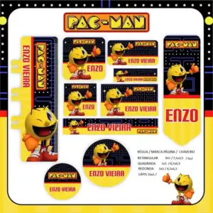 Kit de etiqueta escolar personalizada no tema Pac Man no formato Studio em alta resolução para cadernos e livros.