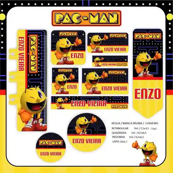 Kit de etiqueta escolar personalizada no tema Pac Man no formato Studio em alta resolução para cadernos e livros.