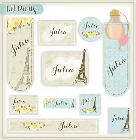 Kit de etiqueta escolar personalizada no tema Paris no formato Studio em alta resolução para cadernos e livros.