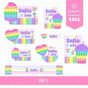 Etiqueta escolar personalizada tema Pop It em adesivo para caderno e lápis para imprimir e editar