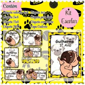 Etiqueta escolar personalizada tema pug em adesivo para caderno e lápis para imprimir e editar
