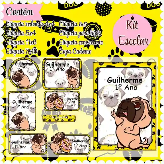 Etiqueta escolar personalizada tema pug em adesivo para caderno e lápis para imprimir e editar