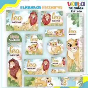 Kit de etiqueta escolar personalizada no tema Rei Leão no formato Studio em alta resolução para cadernos e livros.