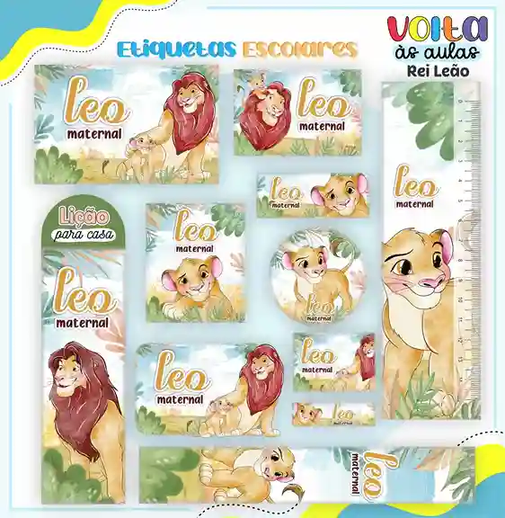 Kit de etiqueta escolar personalizada no tema Rei Leão no formato Studio em alta resolução para cadernos e livros.