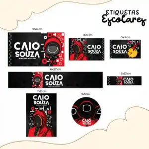 Kit de etiqueta escolar personalizada no tema Round 6 em alta resolução para cadernos, livros e material escolar.