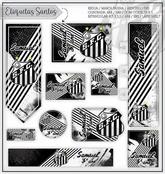 Kit de etiqueta escolar personalizada no tema Santos em alta resolução para cadernos, livros e material escolar.