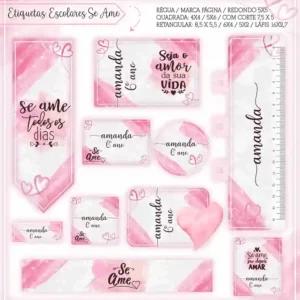 Kit de etiqueta escolar personalizada no tema Se Ame em alta resolução para cadernos, livros e material escolar.
