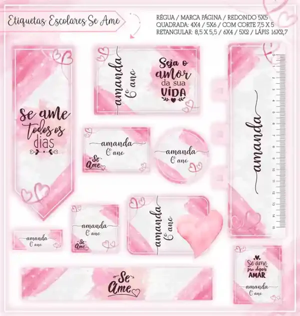 Kit de etiqueta escolar personalizada no tema Se Ame em alta resolução para cadernos, livros e material escolar.