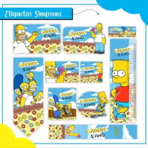 Etiqueta escolar personalizada tema Simpsons em adesivo para caderno e lápis para imprimir e editar