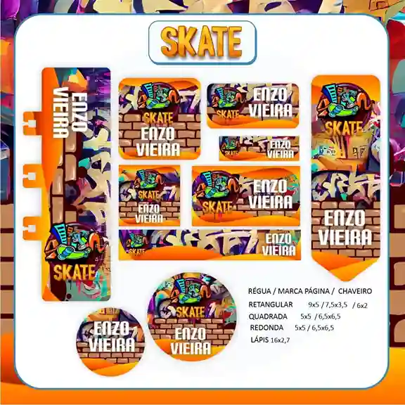 Etiqueta escolar personalizada tema skate em adesivo para caderno e lápis para imprimir e editar