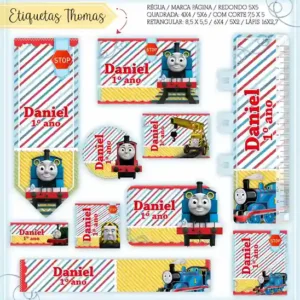 Etiqueta escolar personalizada tema thomas em adesivo para caderno e lápis para imprimir e editar