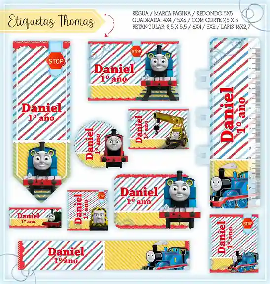 Etiqueta escolar personalizada tema thomas em adesivo para caderno e lápis para imprimir e editar