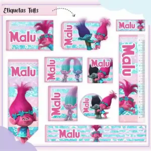 Kit de etiqueta escolar personalizada no tema Trolls no formato Studio em alta resolução para cadernos e livros.