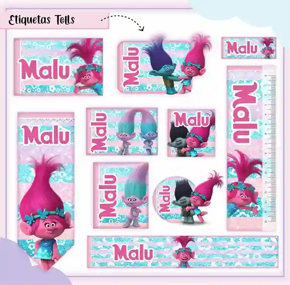 Kit de etiqueta escolar personalizada no tema Trolls no formato Studio em alta resolução para cadernos e livros.