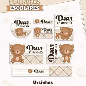 Kit de etiqueta escolar personalizada no tema Ursinho no formato Studio em alta resolução para cadernos e livros.