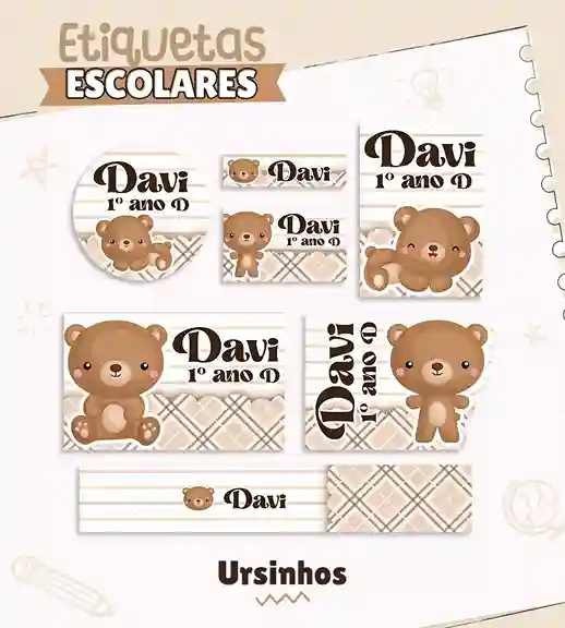 Kit de etiqueta escolar personalizada no tema Ursinho no formato Studio em alta resolução para cadernos e livros.