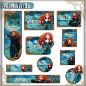 Kit de etiqueta escolar personalizada no tema Valente em alta resolução para cadernos, livros e material escolar.