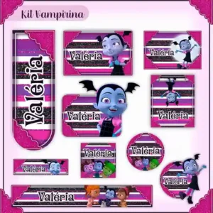 Kit de etiqueta escolar personalizada no tema Vampirina no formato Studio em alta resolução para cadernos e livros.