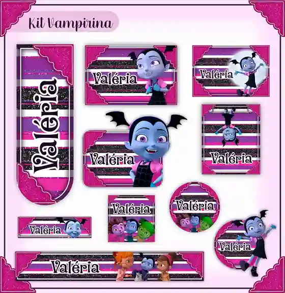Kit de etiqueta escolar personalizada no tema Vampirina no formato Studio em alta resolução para cadernos e livros.