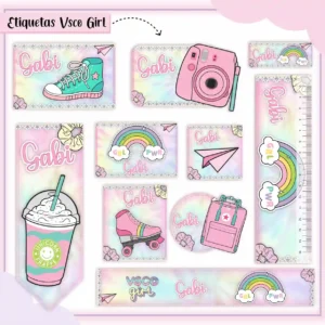 Kit de etiqueta escolar personalizada no tema Vsco Girl em alta resolução para cadernos, livros e material escolar.