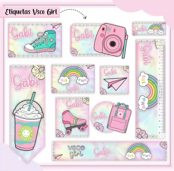 Kit de etiqueta escolar personalizada no tema Vsco Girl em alta resolução para cadernos, livros e material escolar.