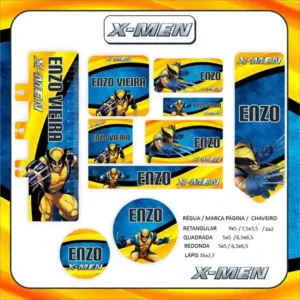 Kit de etiqueta escolar personalizada no tema Wolverine no formato Studio em alta resolução para cadernos e livros.