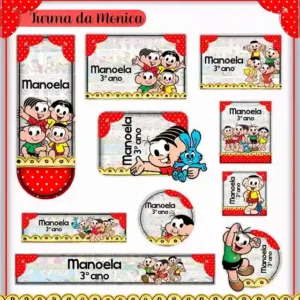 Kit de etiqueta escolar personalizada no tema Turma da Mônica no formato Studio em alta resolução para cadernos.