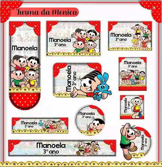 Kit de etiqueta escolar personalizada no tema Turma da Mônica no formato Studio em alta resolução para cadernos.