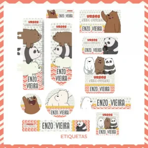 Kit de etiqueta escolar personalizada no tema Urso Sem Curso em alta resolução para cadernos, livros e papéis.