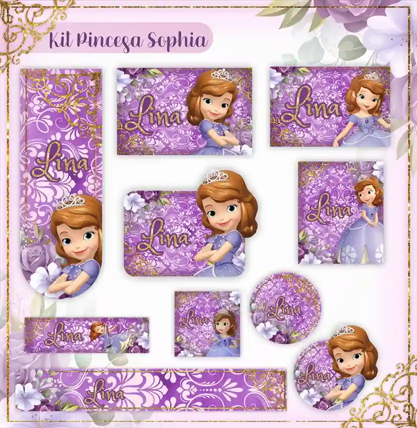 Kit de etiquetas escolares para imprimir no tema Princesa Sofia em alta resolução para cadernos e livros.