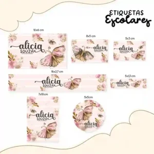 Etiqueta escolar rosa personalizada borboletas em adesivo para caderno e lápis para imprimir e editar