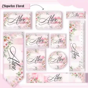 Etiqueta escolar rosa personalizada flores em adesivo para caderno e lápis para imprimir e editar