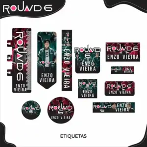 Kit de etiqueta escolar para imprimir no tema Round 6 nos formatos PNG e PDF em alta resolução para cadernos e livros.