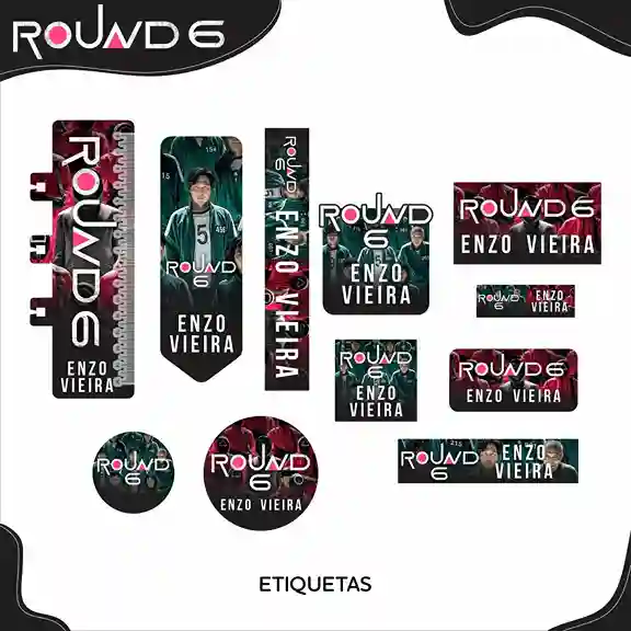 Kit de etiqueta escolar para imprimir no tema Round 6 nos formatos PNG e PDF em alta resolução para cadernos e livros.